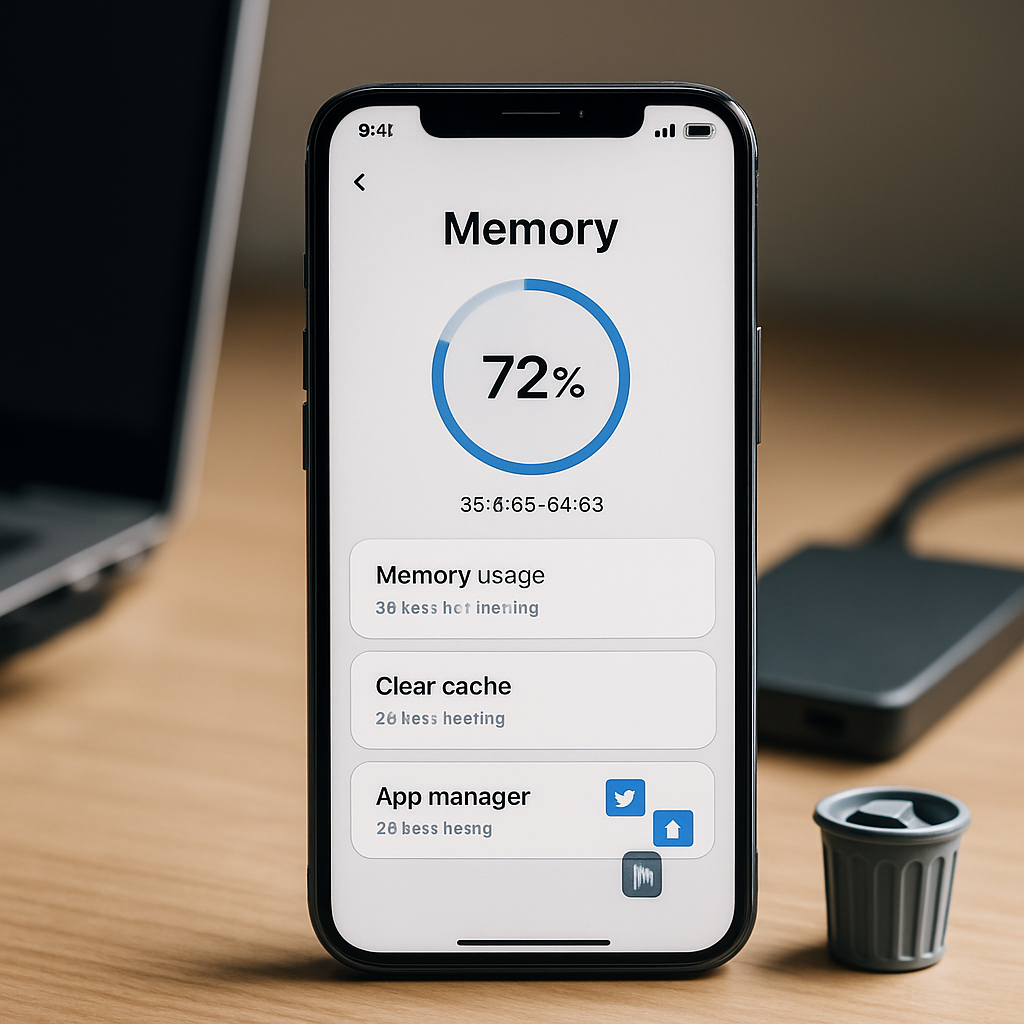 Image of a smartphone with memory management interface, laptop, and external hard drive in