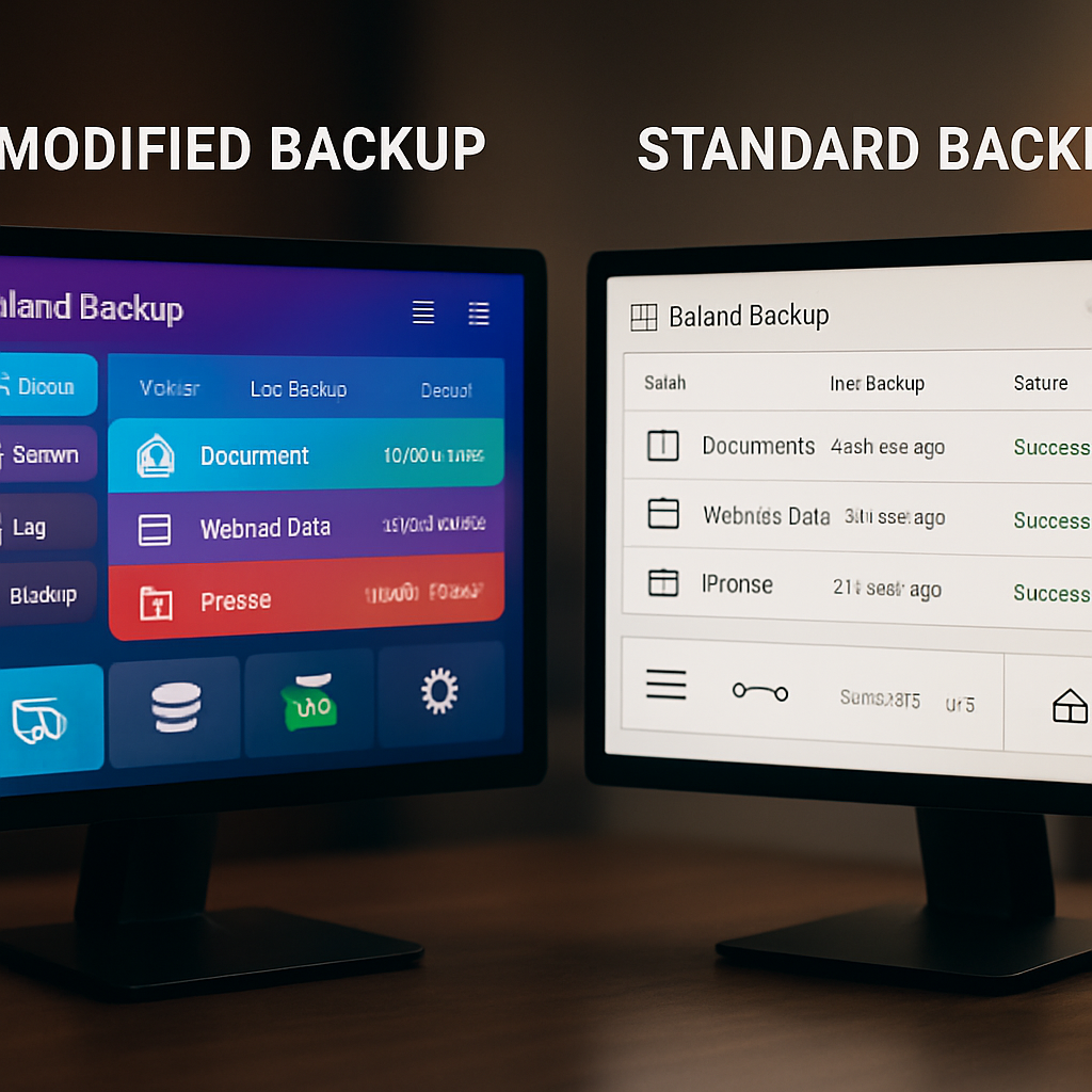 Side-by-side comparison of modified and standard Exiland Backup applications on computer screens.